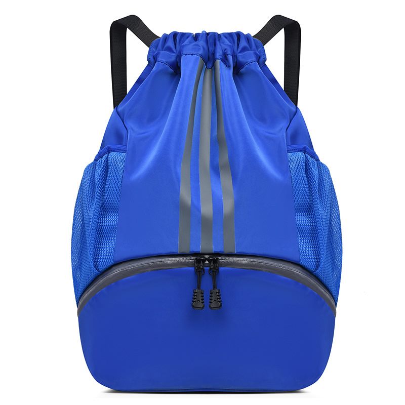 Blue drawstring sports backpack with front zipper pocket for custom logo programs